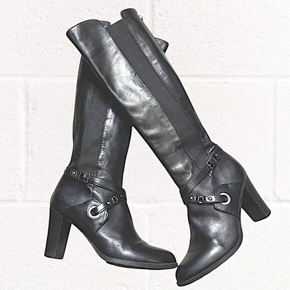 Adrienne Vittadini Tall Black Leather Boots with Buckle Embellishment Size 9 - Picture 1 of 13